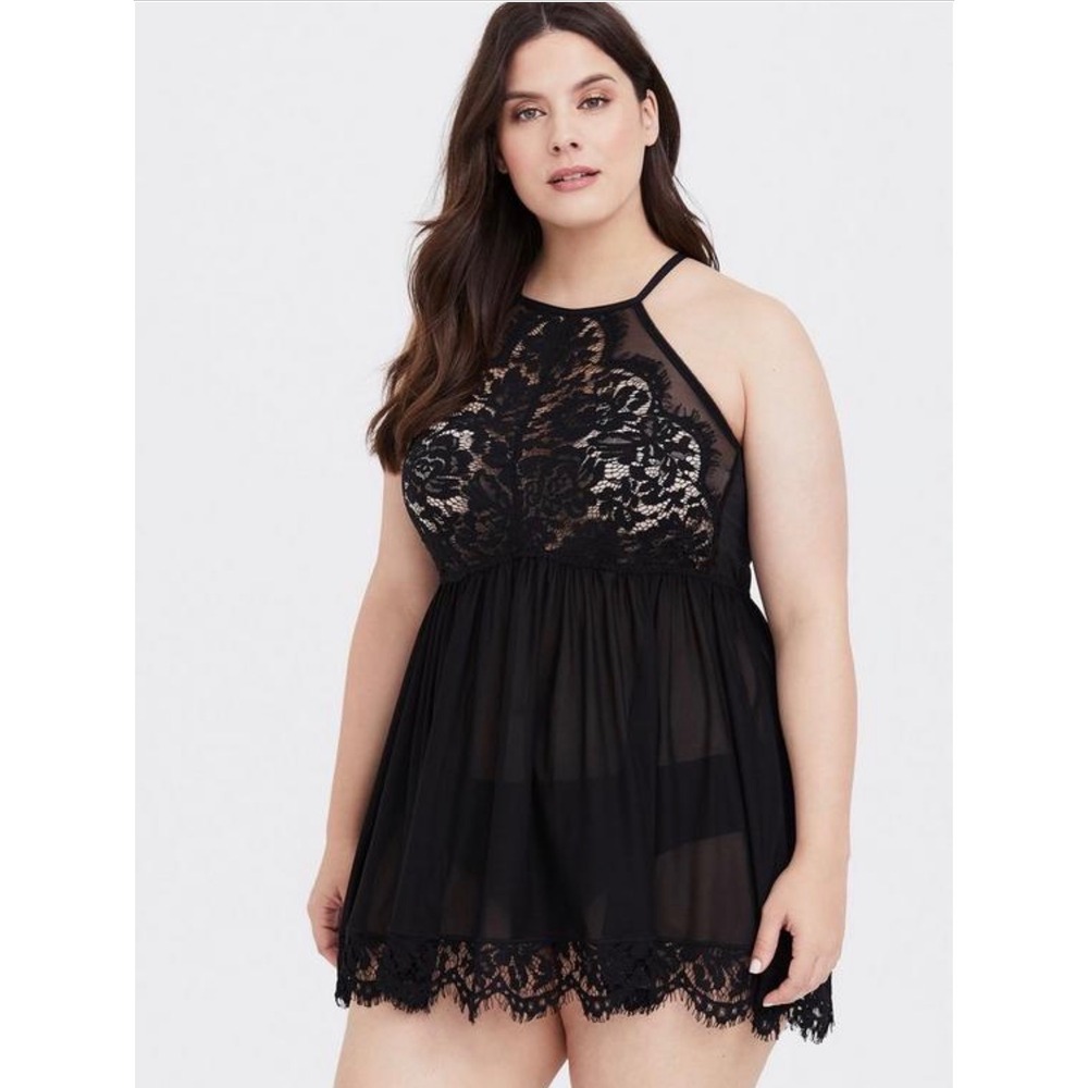Torrid 1 Babydoll Lingerie 16/18 Black Lace Mesh Halter Strappy Goth Romantic - Picture 2 of 13